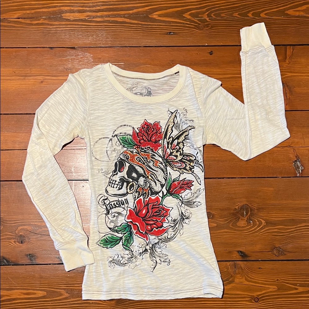 Sweet T - Cream Red Skull Roses Rhinestone Long Sleeve T-Shirt - Size S Vintage